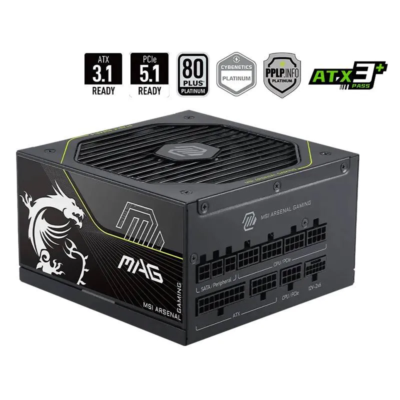 Fonte de Alimentação ATX MSI MAG A1000PLS PCIE5 1000W ATX 3.1/PCIe 5.1 Cybenetics Titanium 80 Plus Titanium Full Modular