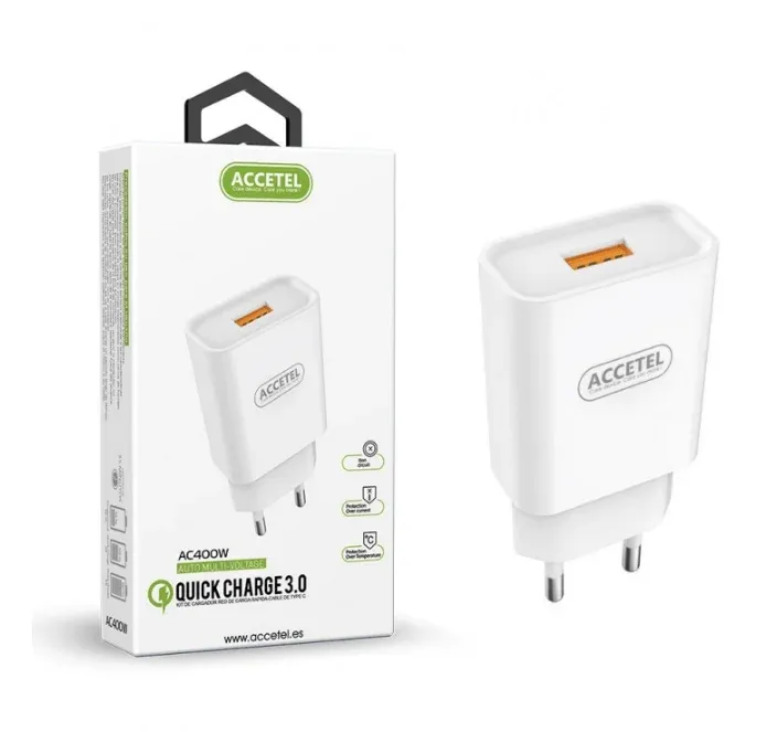 Carregador De Parede De Carregamento Rápido AC400W ACCETEL QC3.0 18W Branco