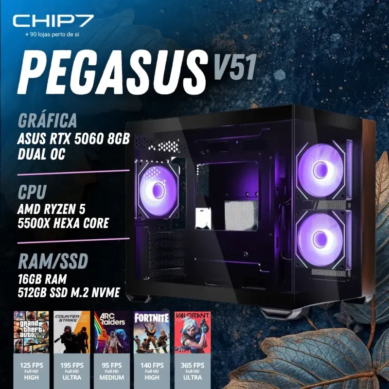 COMPUTADOR GAMING - AMD Ryzen 5 5500 / RTX 5060 8GB / 16GB RAM / 500GB SSD / Windows 11 Home - CHIP7 Pegasus V51