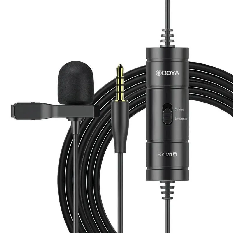 Microfone de Lapela BOYA BY-M1S Clip-on Universal Com Fio Jack 3.5mm Preto