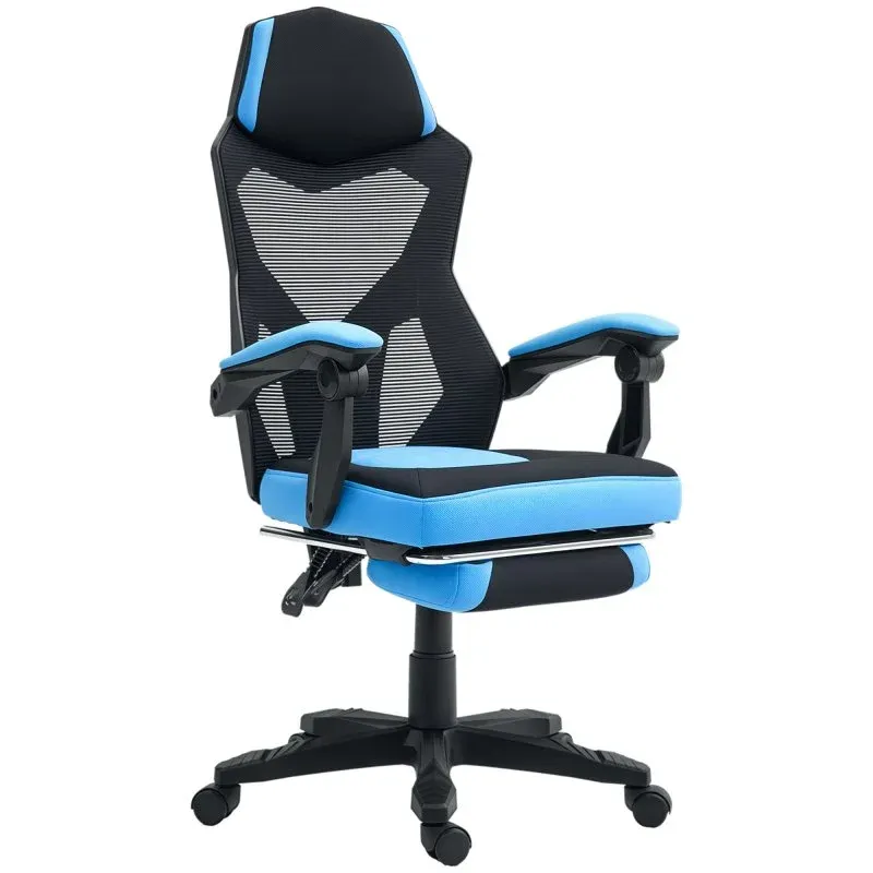 Vinsetto 921-233V00BU Cadeira Gaming com Apoio para Pés Retrátil e Encosto Reclinável Azul