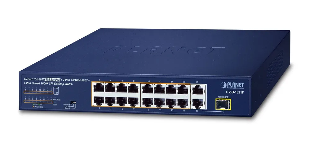 PLANET 16-Port 10/100TX 802.3at PoE Unmanaged Fast Ethernet FGSD-1821P