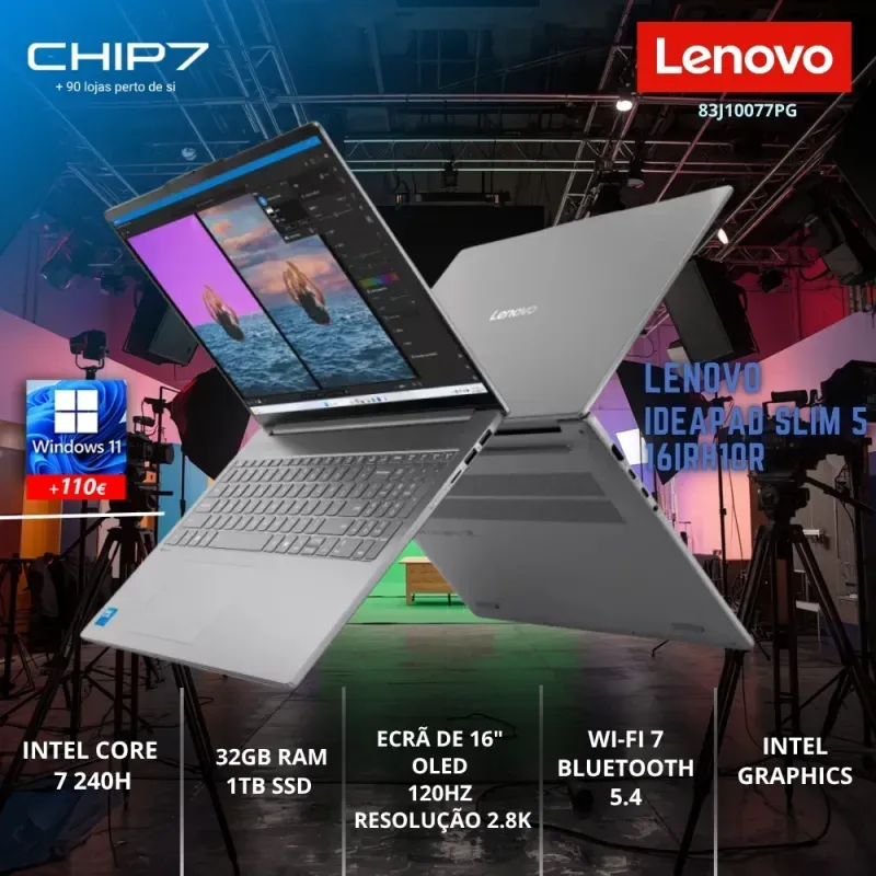 Portátil Lenovo - Intel Core 7 240H / 32GB DDR5 / 1TB SSD / 16" OLED / 2.8K / 120Hz / DisplayHDR True Black 1000 / Wi-Fi 7 / Free Dos / Cinza Lunar - IdeaPad Slim 5 16IRH10R