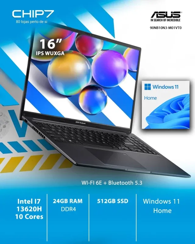 Portátil Asus VivoBook 16- Intel I7 13620H / 24GB RAM / 512GB SSD / 16" WUXGA / Windows 11 - F1605VA-73BCLHDPB3
