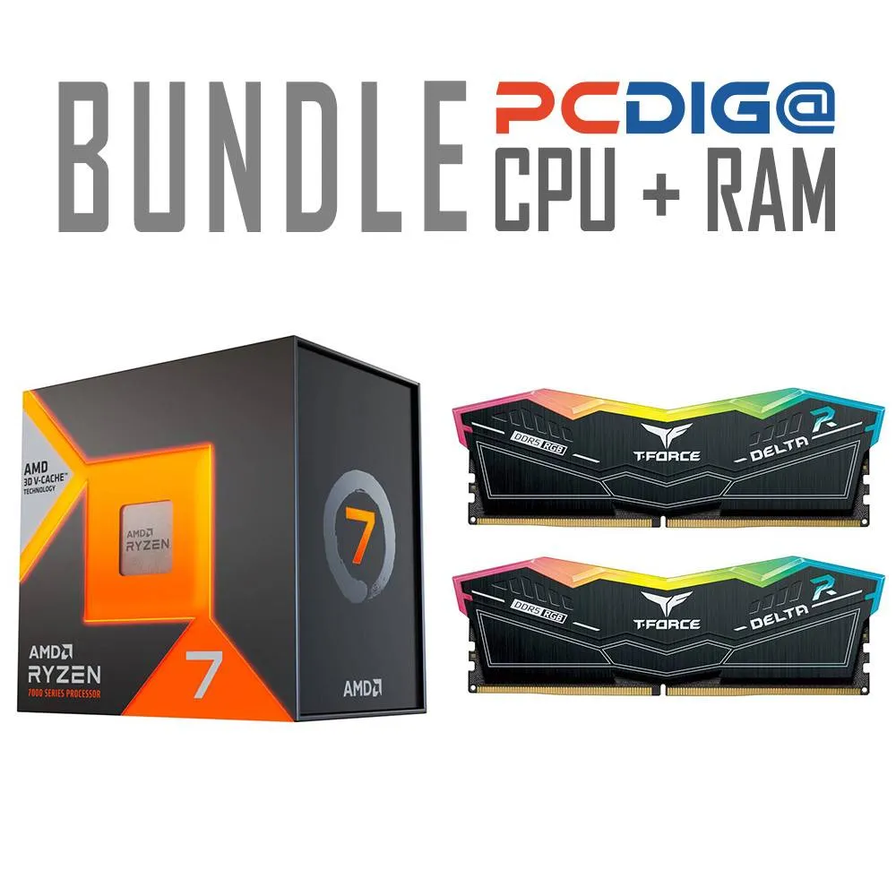 Processador AMD Ryzen 7 7800X3D + Memória RAM UDIMM TEAMGROUP T-Force Delta RGB 32GB (2x16GB) DDR5-6000MHz