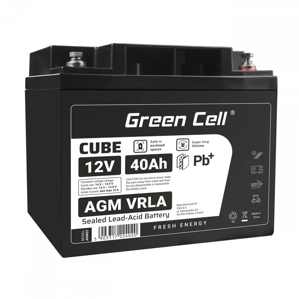 Green Cell Cube AGM VRLA IP54 12V 40Ah bateria sem AGM12V40AH-J