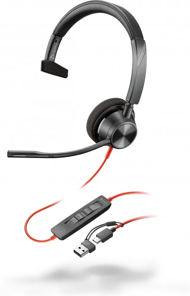Poly Blackwire 3310 Headset Monaural USB-C Preto + Adaptador USB-C/A