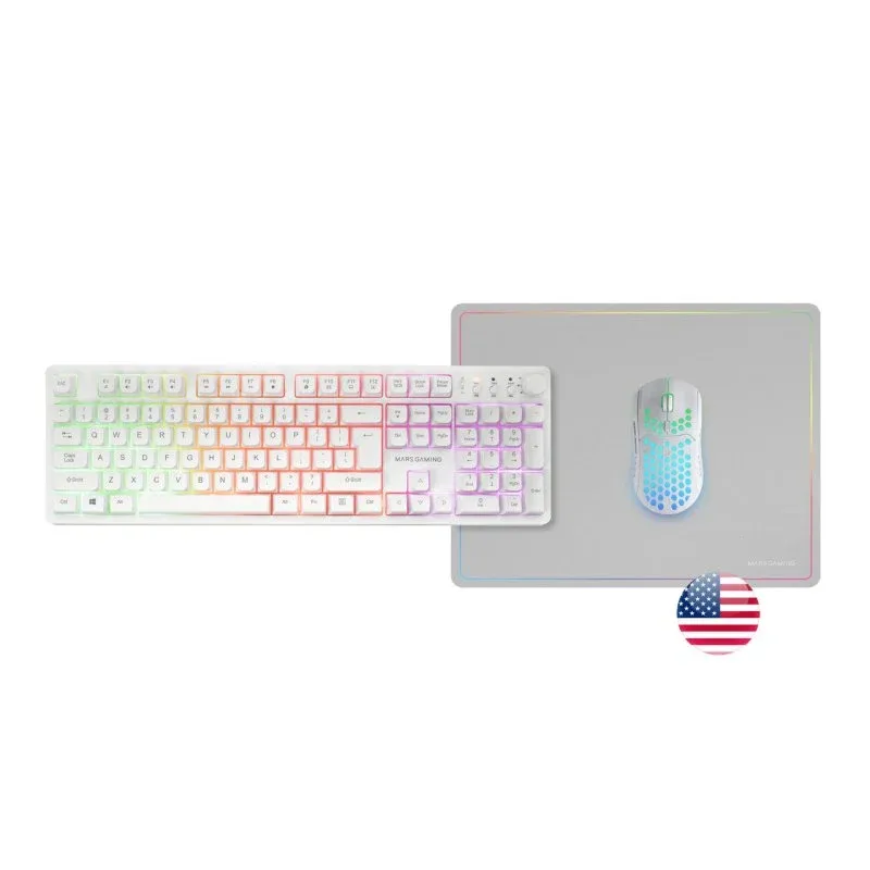 Mars Gaming MCPWX Combo Gaming Sem Fios Teclado FRGB + Rato RGB + Tapete Branco (Inglês US)