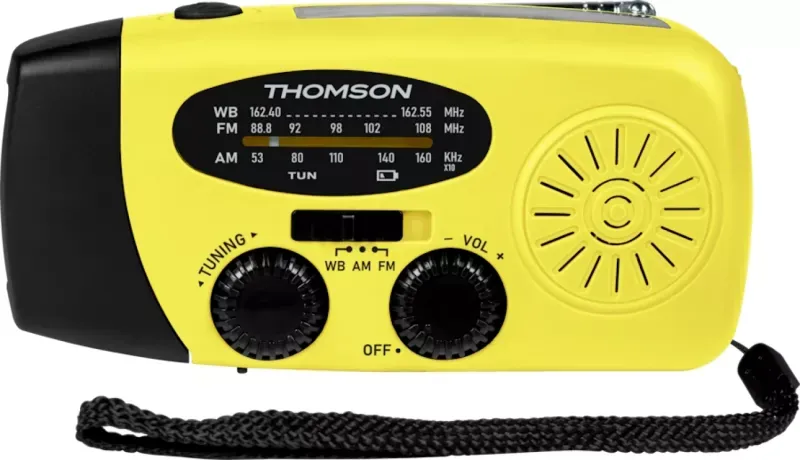 Rádio Emergência THOMSON AM/FM / Solar / Dinamo / Powerbank / Lanterna / USB-C / 2000mAh / Amarelo - RT260