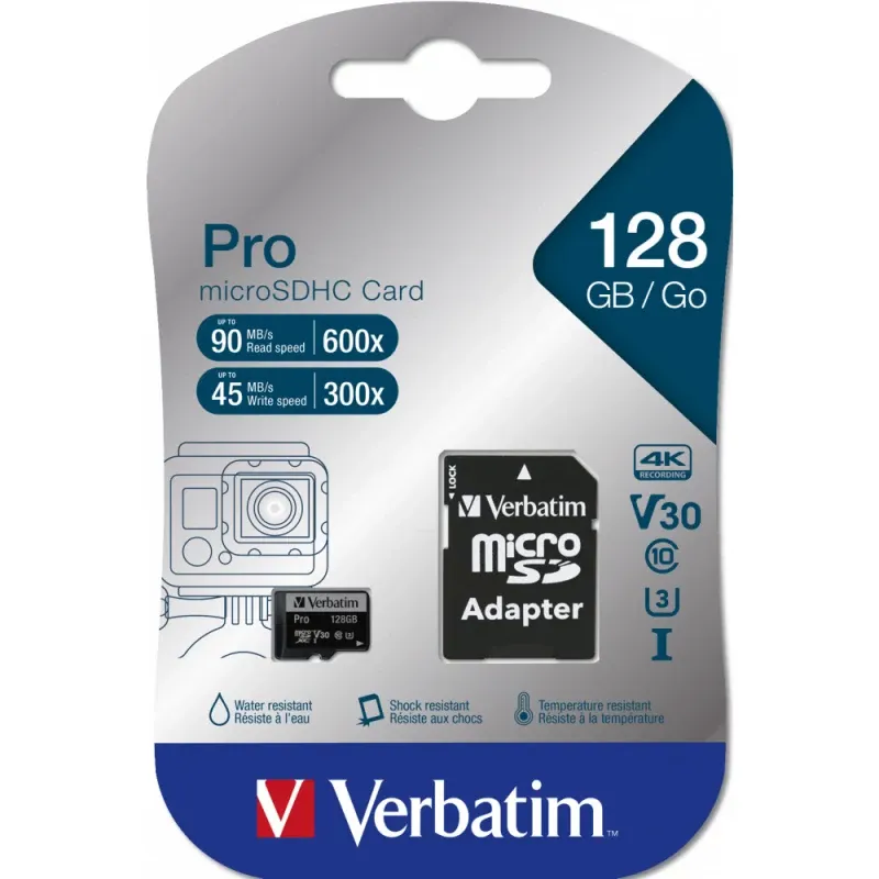 128GB Micro SDXC Pro Verbatim U3 CLASS 10 com Adaptador