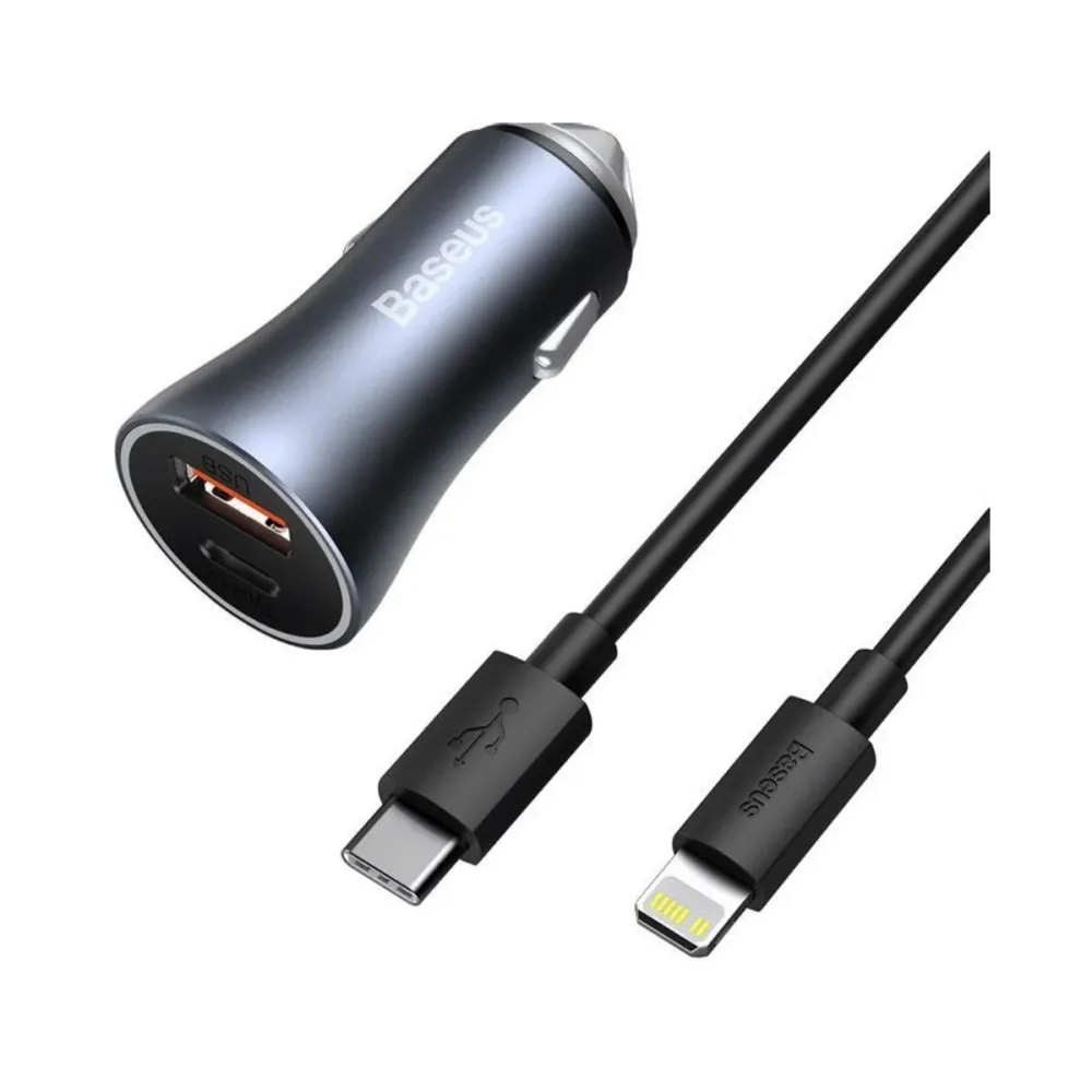 Carregador de Isqueiro Baseus Golden Contactor Pro Fast Charger 40W USB-C+USB-A c/Cabo USB-C p/ Lightning 1m