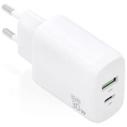 Carregador GaN 30W 1x USB-C PD3.0 QC4.0 1x USB-A QC3 (Branco) - AISENS