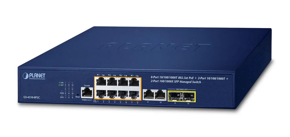 PLANET IPv4/IPv6, 8-Port Managed L2/L4 Gigabit Ethernet GS-4210-8P2C