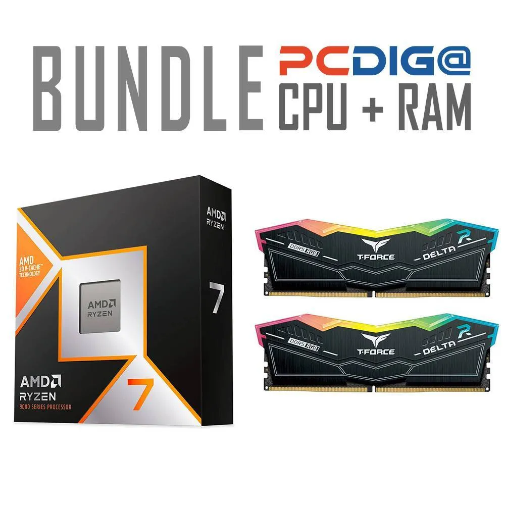 Processador AMD Ryzen 7 9850X3D + Memória RAM UDIMM TEAMGROUP T-Force Delta RGB 32GB (2x16GB) DDR5-6000MHz