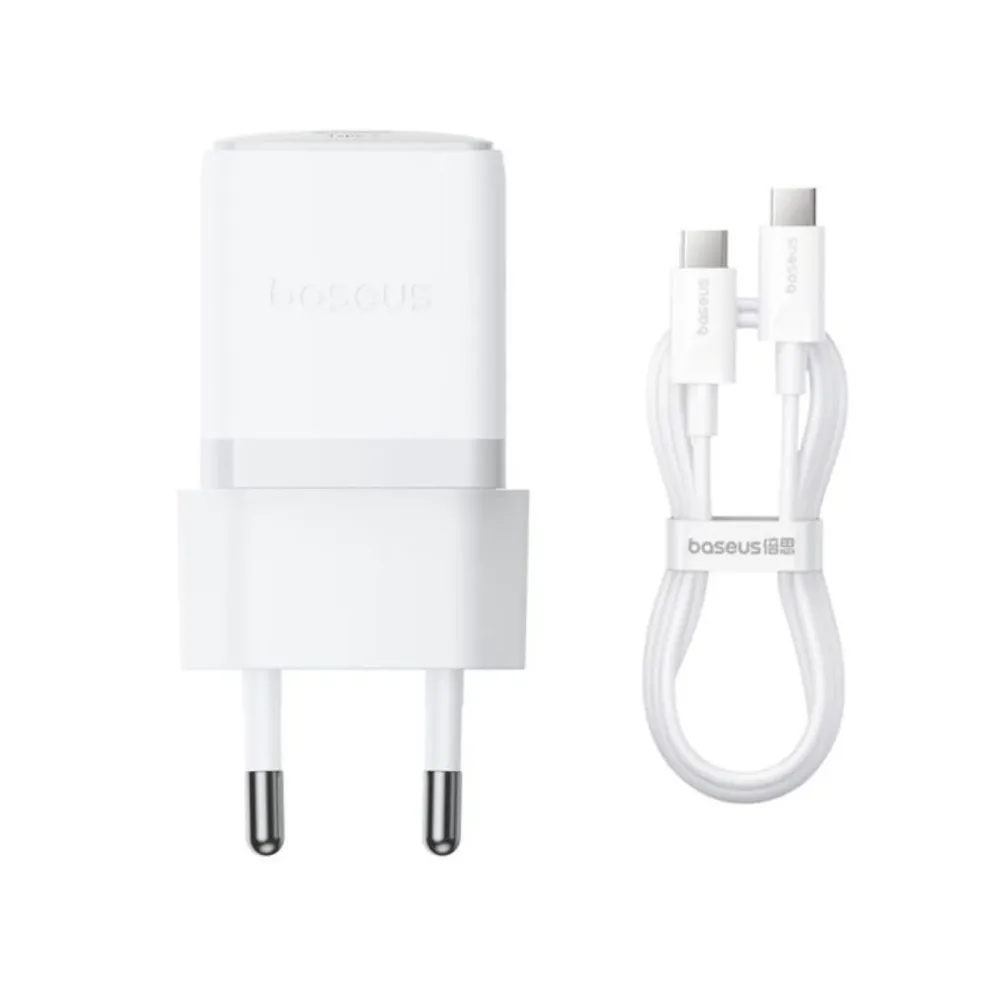 Carregador Baseus Palm Fast Charger USB-C 30W Branco + Cabo USB-C 60W 1m Branco