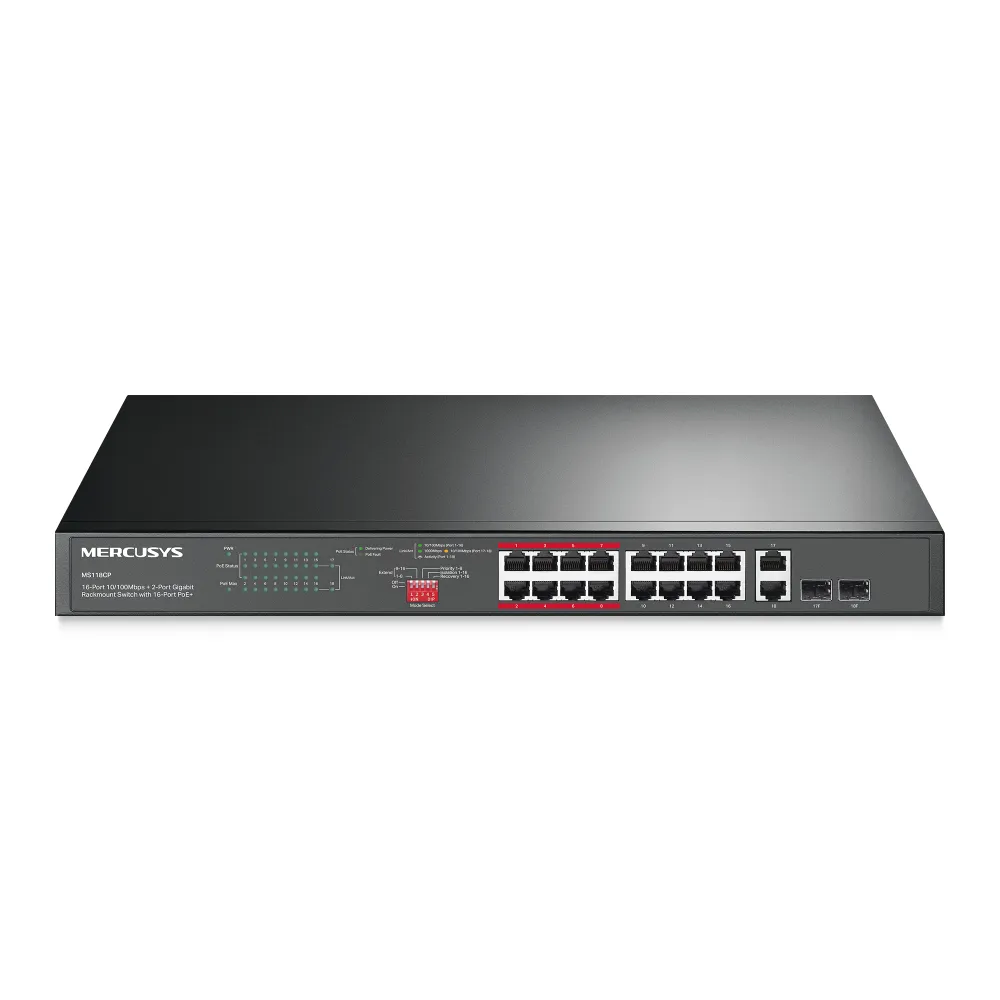 Switch de Rede Mercusys MS118CP 16 Portas PoE+ 10/100Mbps + 2 Portas Gigabit + 2 Portas SFP UnManaged Rackmount
