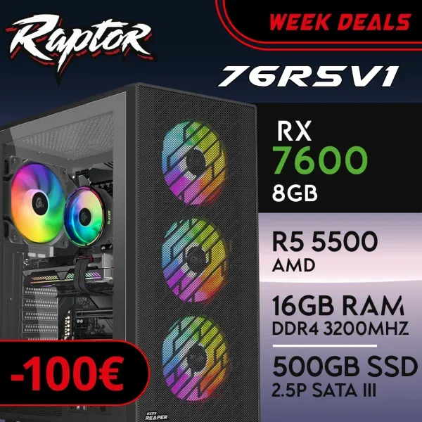 PC Gaming RAPTOR-76R5V1 - R5 5500 | RX7600 8GB | 16GB | SSD 512