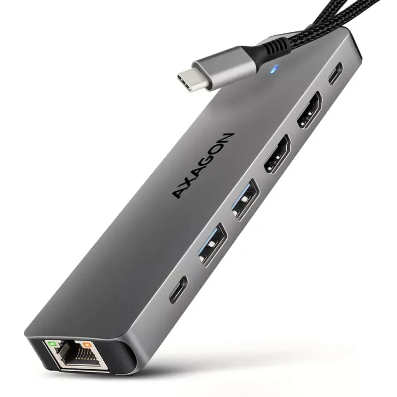 Multiport-Hub AXAGON HMC-7HX2 USB-C 3.2 Gen 1 hub, 2x USB-A + 1x USB-C, 2x HDMI 4K 60Hz, GLAN, PD 100W, 15cm USB-C cable