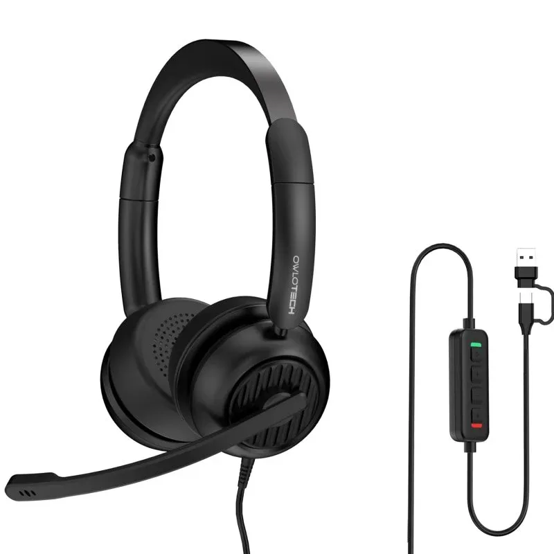 Auriculares Owlotech Deskbuds Pro com fio USB-A e USB-C Cancelamento de Ruído Microfone Preto
