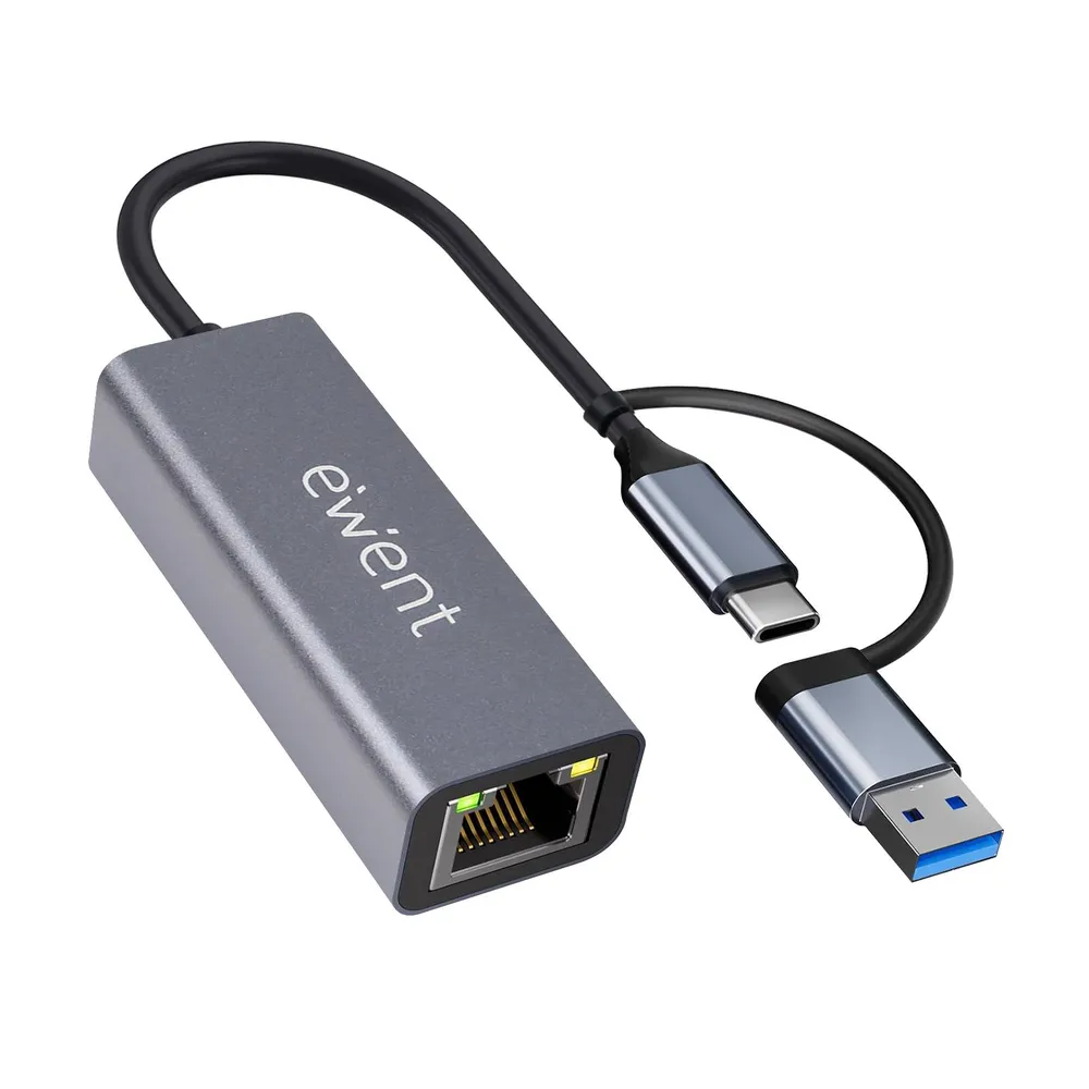 Adaptador de Rede Ewent EW9819 Ethernet RJ45 com Cabo Type-C + Adaptador USB-C para USB-A