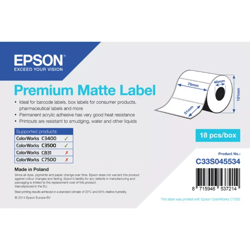 EPSON PAPEL PREMIUM MATTE LABEL 76MMX51MM 650 FOLHAS