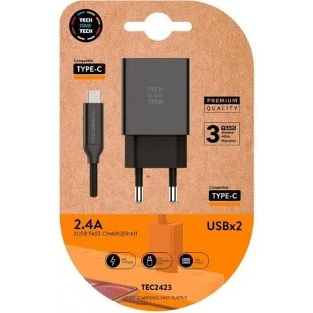 Carregador Duplo com Cabo USB-C Tech One Tech Preto