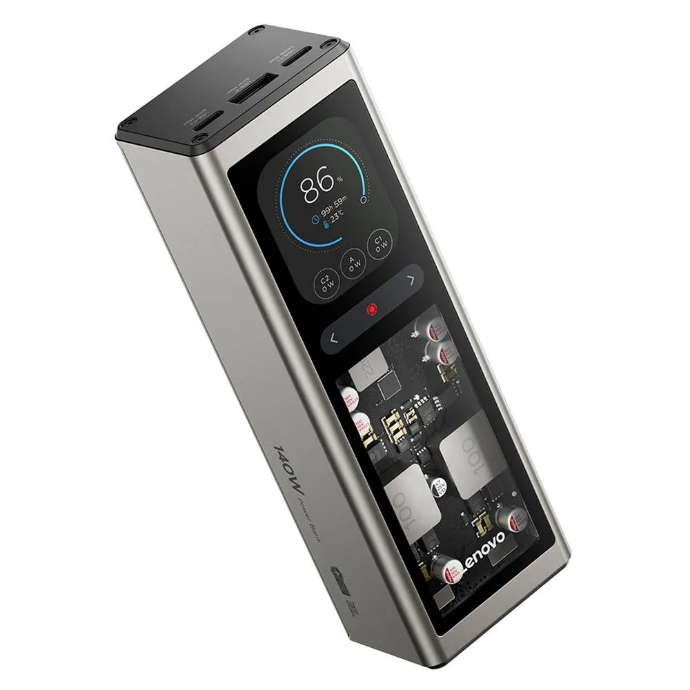 Powerbank Lenovo 140W Smart Laptop Power Bank | 20000mAh | Display TFT 2.01 | 2x USB-C | 1x USB-A | Rapid-Charge | Gold Gray