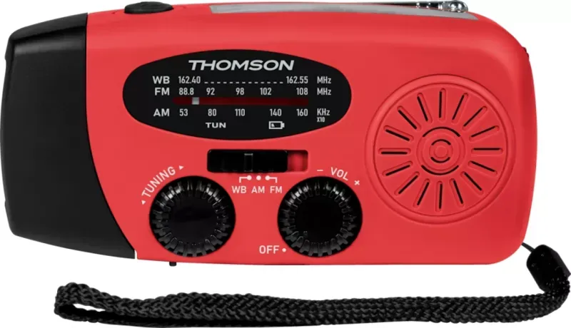 Rádio Emergência THOMSON AM/FM / Solar / Dinamo / Powerbank / Lanterna / USB-C / 2000mAh / Vermelho - RT260