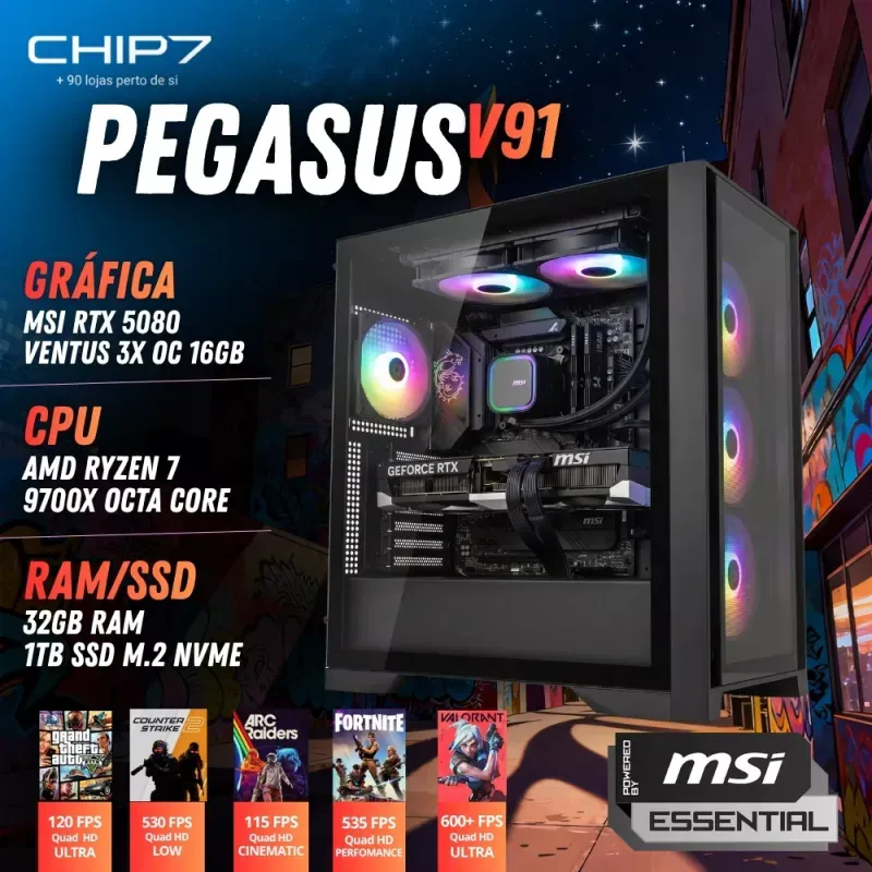 COMPUTADOR GAMING - AMD Ryzen 7 9700X / RTX 5080 16GB / 32GB RAM / 1TB SSD - CHIP7 PEGASUS V91 POWERED BY MSI