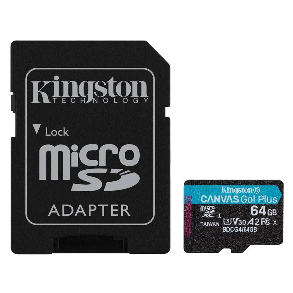 Cartão de Memória microSDXC Kingston Canvas Go! Plus Gen4 64GB (200MB/s) UHS-I, U3, V30, A2 + Adaptador SD