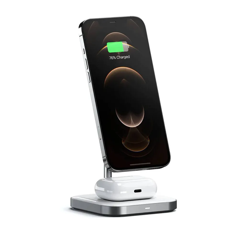 Carregador Wireless Satechi 2-em-1 Alumínio Magnetic Wireless 7.5W Charging Stand Cinza