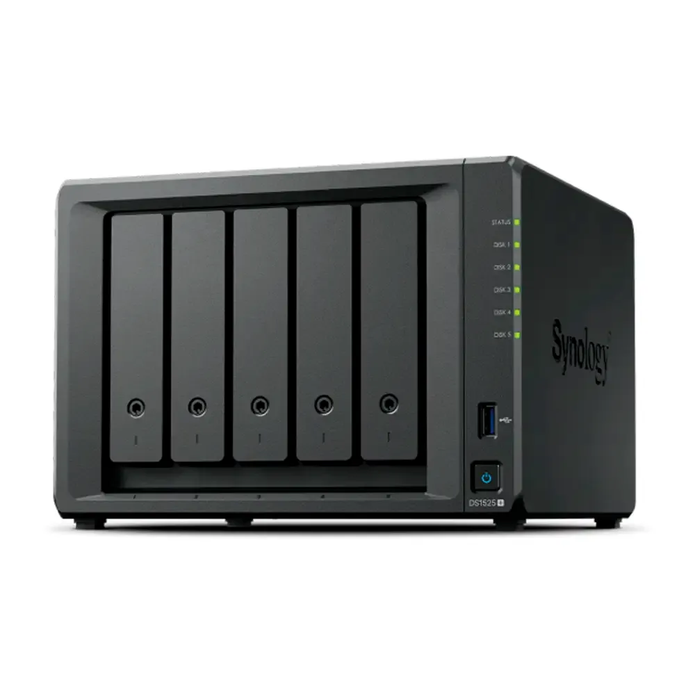 NAS Synology DiskStation DS1525+ | 5 Baías | CPU 4-Core AMD Ryzen V1500B | RAM 8GB DDR4 | Preto