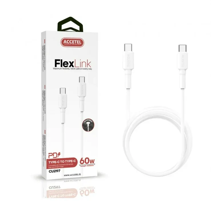 Cabo De Carregamento Rápido ACCETEL CU2197 60W TPE Tipo-C Para Tipo-C Max.20V 3A (1M) Branco