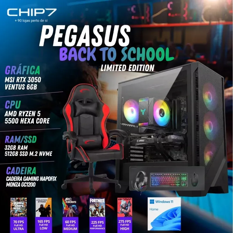 COMPUTADOR GAMING - AMD Ryzen 5 5500 / NVIDIA RTX 3050 6GB / 32GB RAM / 500GB SSD / Windows 11 Home / Cadeira Gaming Napofix Monza GC1200 /Bundle Mars Gaming MCPRGB3 - CHIP7 Pegasus Back To School Limited Edition Powered By MSI