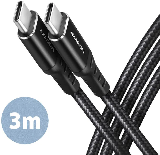 Cabo de carregamento AXAGON BUCM-CM30AB USB-C <-> USB-C 2.0, 3m, PD 60W, 3A, ALU, braid, Preto