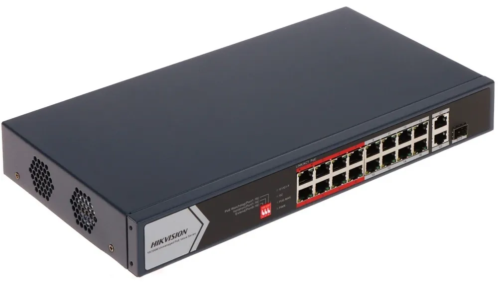 Switch Hikvision PoE Unmanaged 16x RJ45 FE 2x Gigabit RJ45/SFP Azul