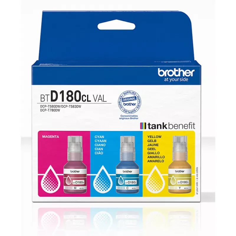 Pack de 3 frascos de tinta Cyan, Magenta e Amarelo, Duração estimada: até 5.000 págs./cada cor