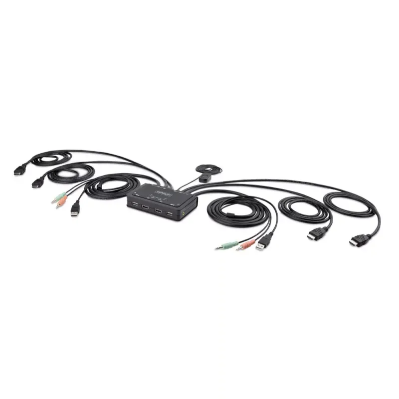 StarTech.com 2-Port Dual-Monitor HDMI Cable KVM Switch, 4K 60Hz, Compact KVM with 5ft/1.5m USB-A/HDMI/Audio Integrated Cables, Bus Powered - Remote Push Button/Hotkey Switching (C2-DH46-UA2-CBL-KVM) - Chave de KVM / áudio / USB - compacto - 2 x KVM /