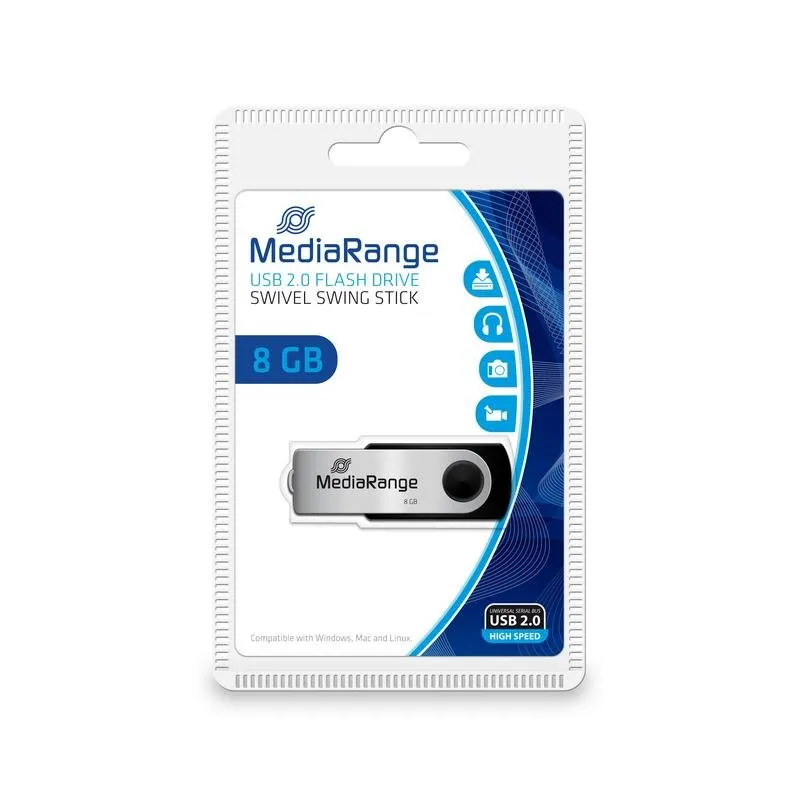 Pen USB MediaRange MR908 8GB USB 2.0 giratório preto prata
