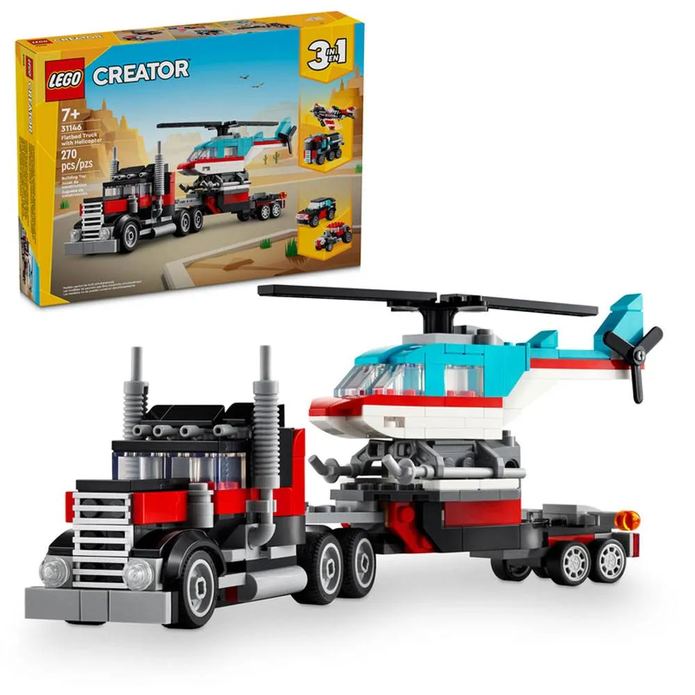 LEGO Creator 3-in-1: Camião de Plataforma com Helicóptero | Idades 7+ | 270 Peças | Item 31146