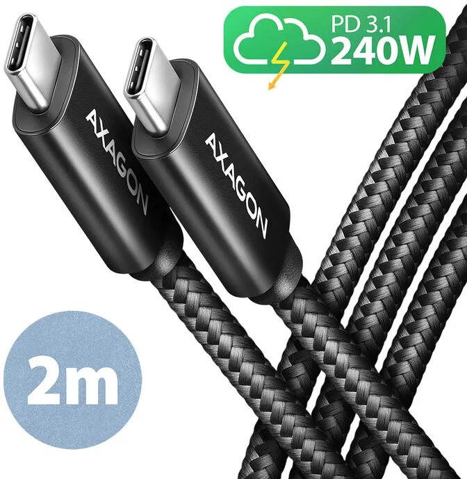Cabo de Carregamento AXAGON BUCM2-CM20AB USB-C <-> USB-C 2.0, 2m, PD 240W 5A, ALU, braid