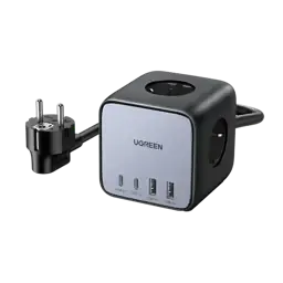 Bloco de Tomada UGREEN DigiNest Cube Power Strip 3 Tomadas Schuko + 2x USB-C + 2x USB-A Preta/Cinza