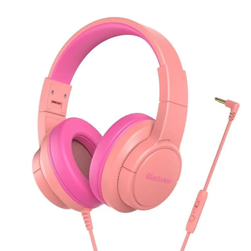 Auriculares Blackview FitBuds K1 com fio Jack 3.5 mm para crianças, microfone HD, limitador de volume, rosa