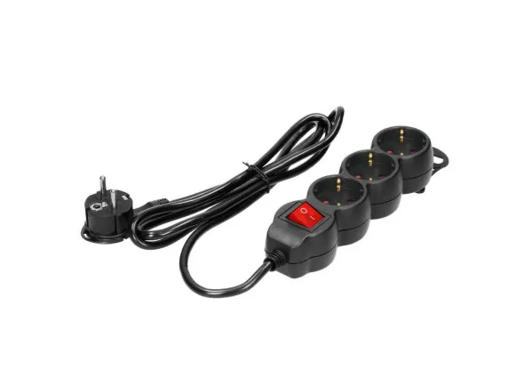 Orno Extensão Eléctrica 3 Vias Shucko 5mt c/ Interruptor - Preto