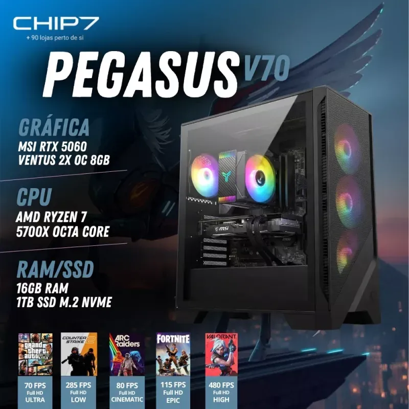 COMPUTADOR GAMING - AMD Ryzen 7 5700X / RTX 5060 8GB / 16GB RAM / 1TB SSD - CHIP7 Pegasus V70 Powered By MSI