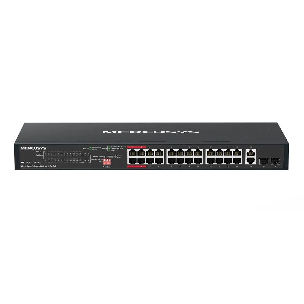 Switch de Rede Mercusys MS128GP 28 Portas Gigabit UnManaged com 24 Portas PoE+ + 2 Portas SFP Rackmount