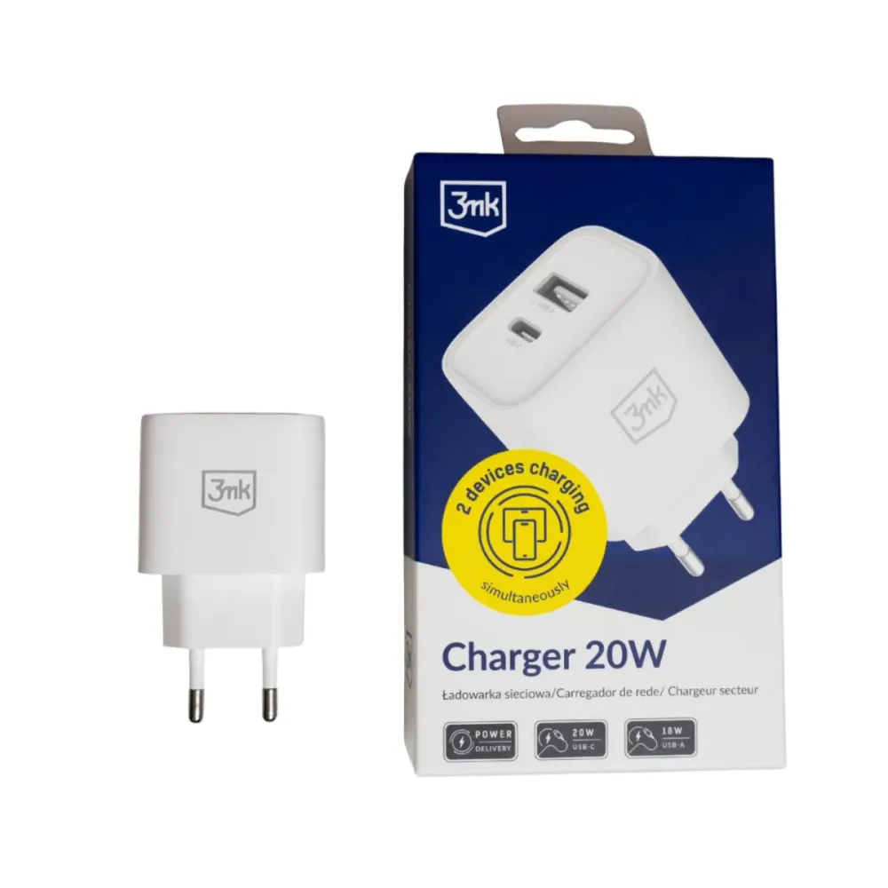 Carregador 3MK Charger 20W USB-A e USB-C Branco