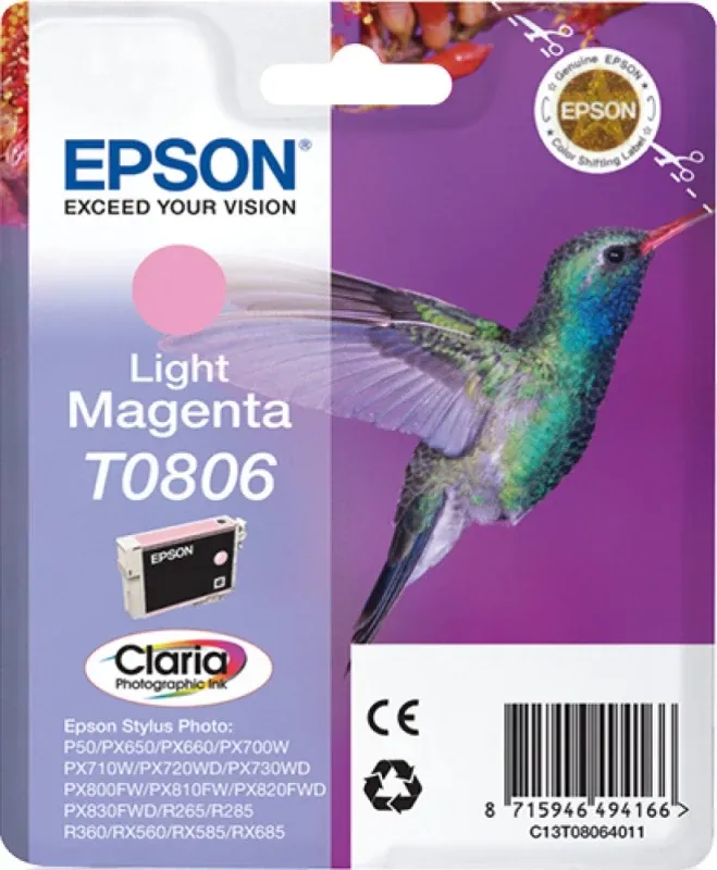 Tinteiro EPSON T0806 Magenta Claro - Stylus Photo P50/PX6xx/PX7xx/PX8xx/R2xx/R360/RX560/RX585/RX685