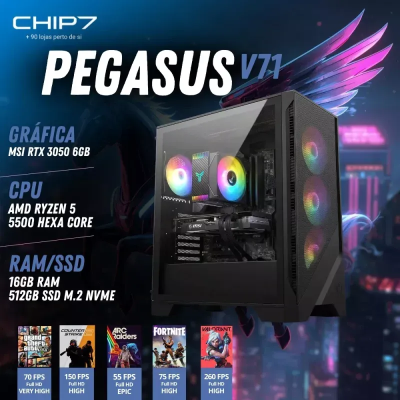 COMPUTADOR GAMING - AMD Ryzen 5 5500 / RTX 3050 6GB / 16GB RAM / 500GB SSD - CHIP7 PEGASUS V71 Powered By MSI