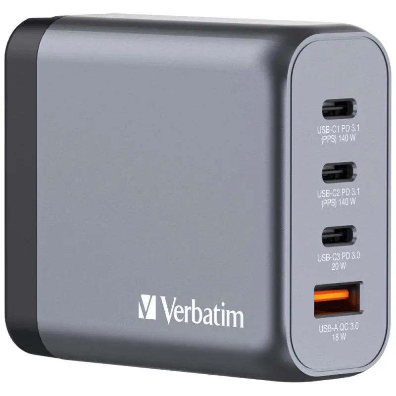 Carregador Verbatim 140W GAN 3x USB-C (140+140+20W) + 1x USB-A (18W)